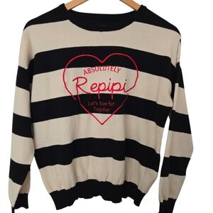 Repipi Japanese Striped Black and White Sweater with Red Heart Design Size Large